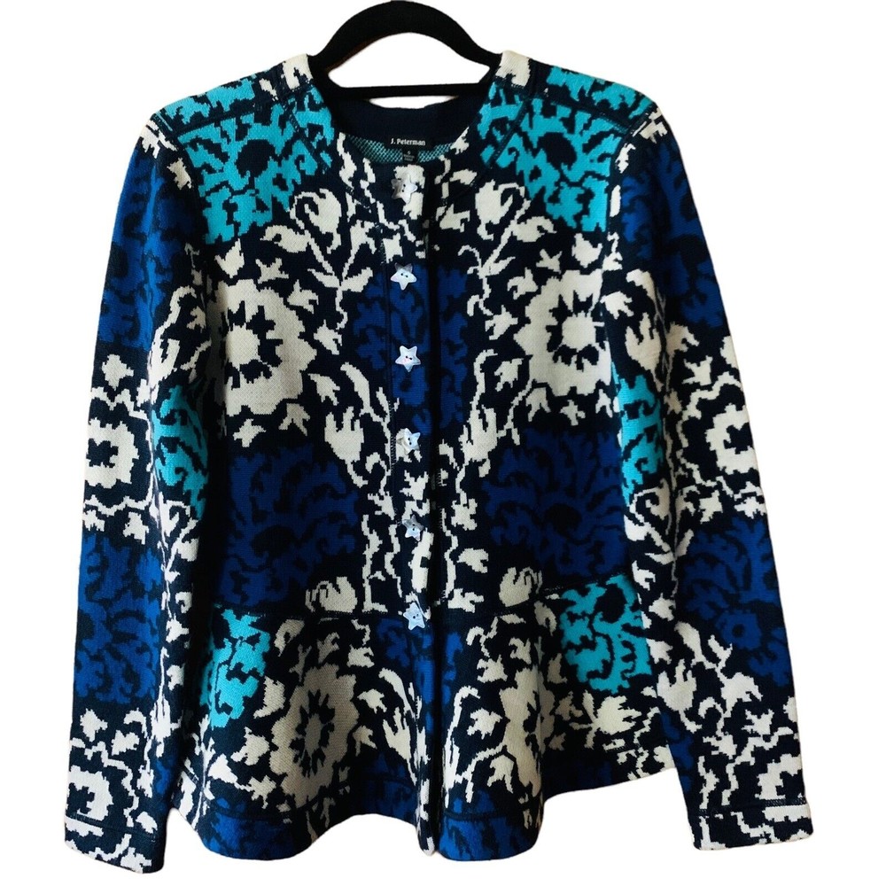 J.Peterman Small Emmas Peplum Sweater Cardigan Floral Blue 80% WOOL